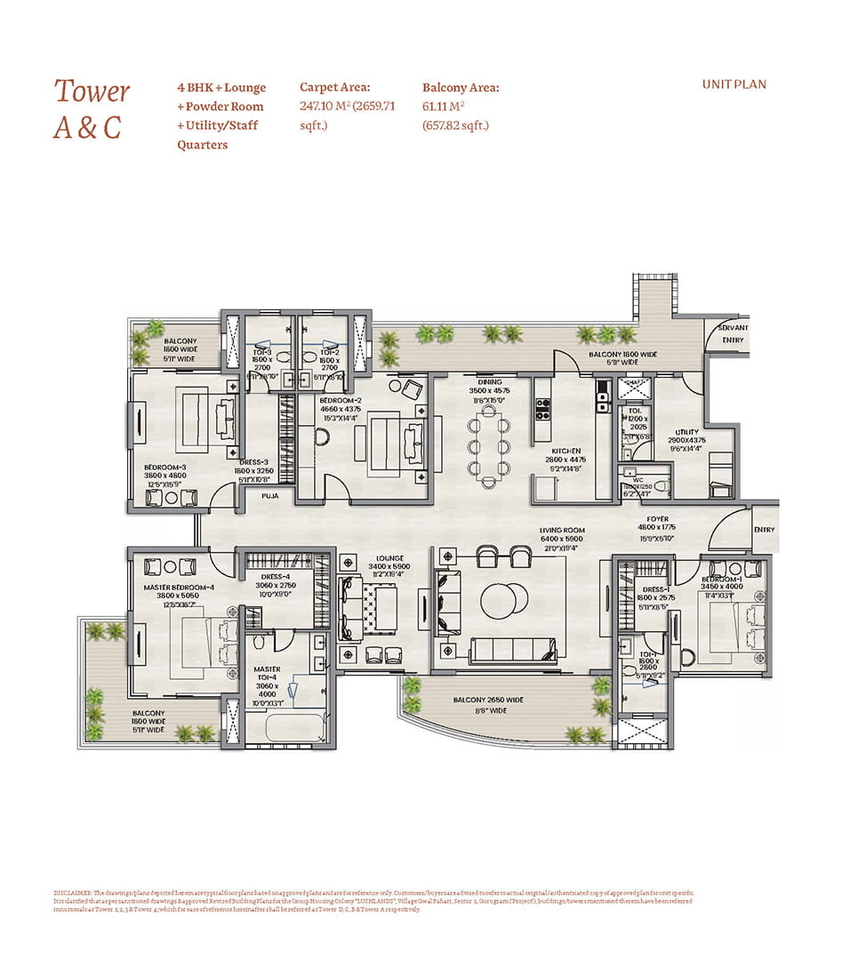 Lushlands 4 BHK + Lounge + Powder + Utility/S.Room - Tower A & C (2,660 sq