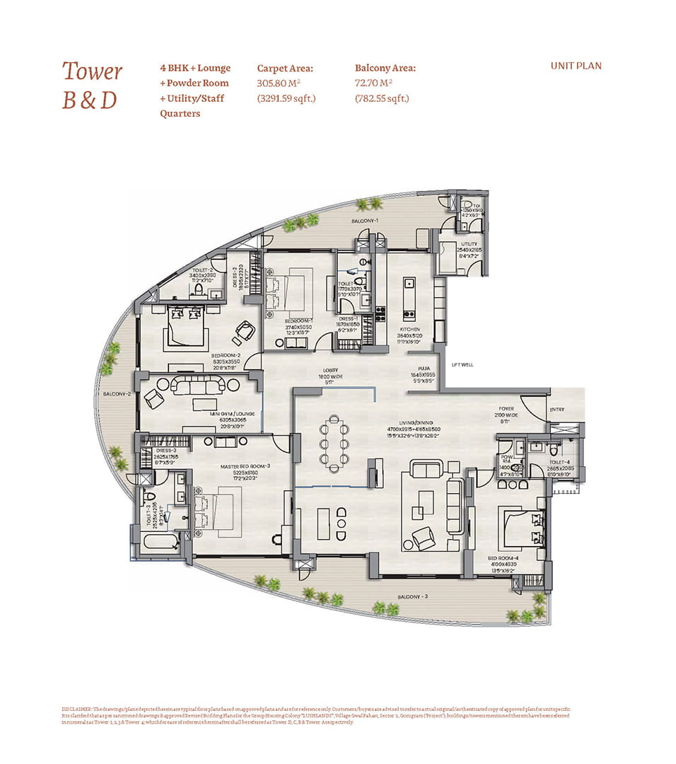 Lushlands 4 BHK + Utility + Powder - Tower B & D (3,292 sq ft carpet)