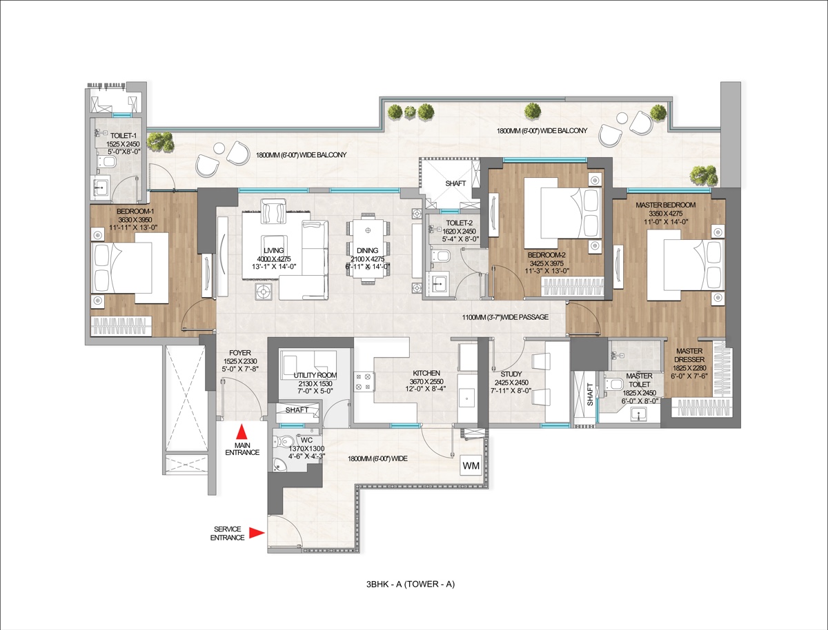 The Marq 3 BHK-A unit plan