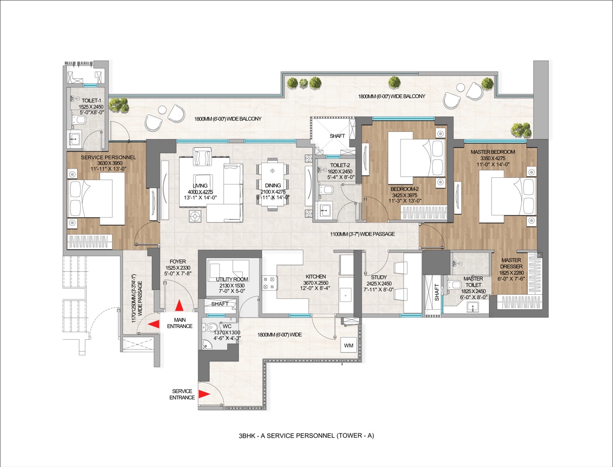 The Marq 3 BHK-A + Service Personnel room unit plan