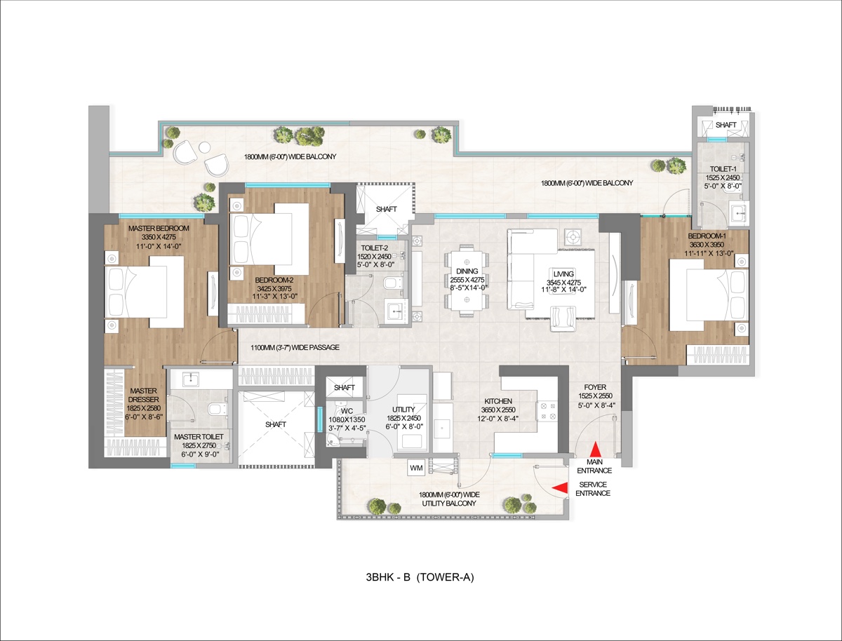 The Marq 3 BHK-B unit plan