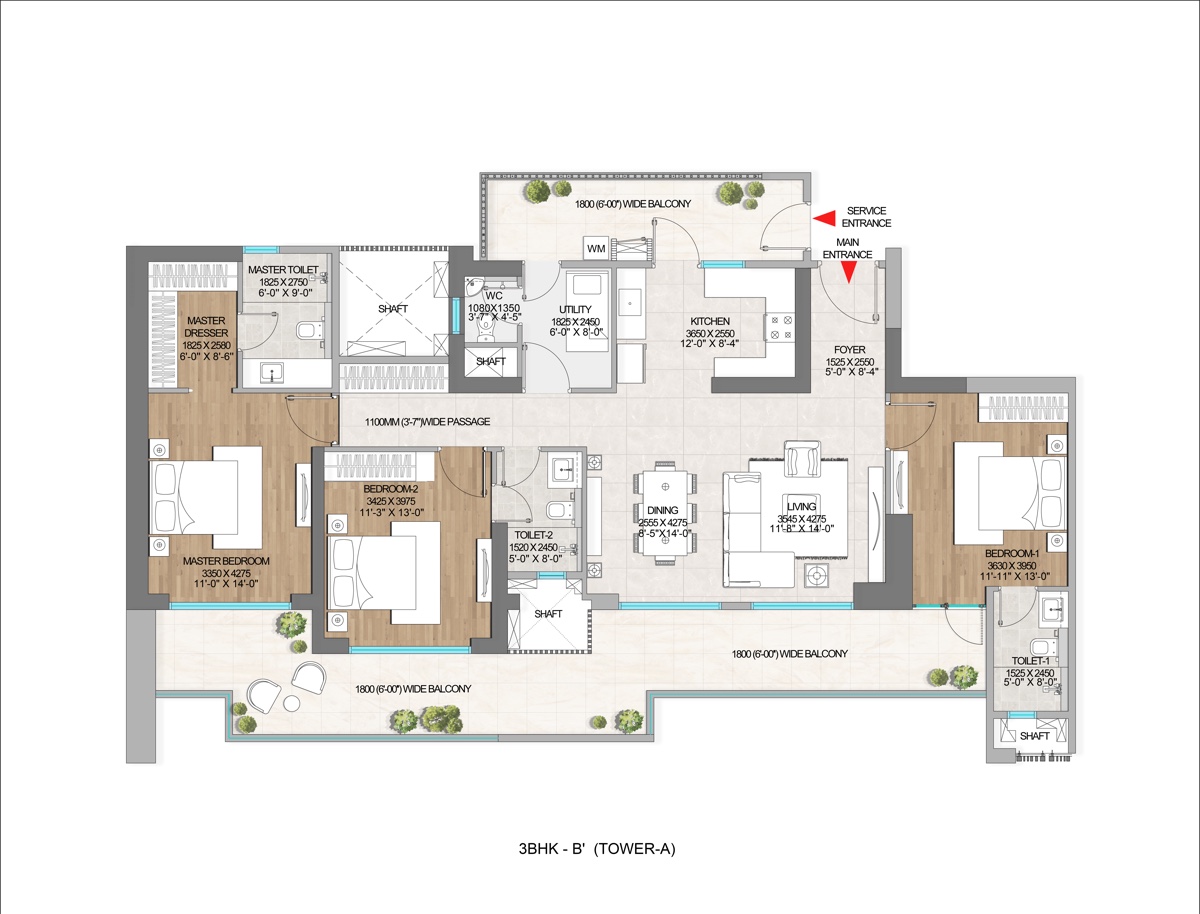 The Marq 3 BHK-B' unit plan