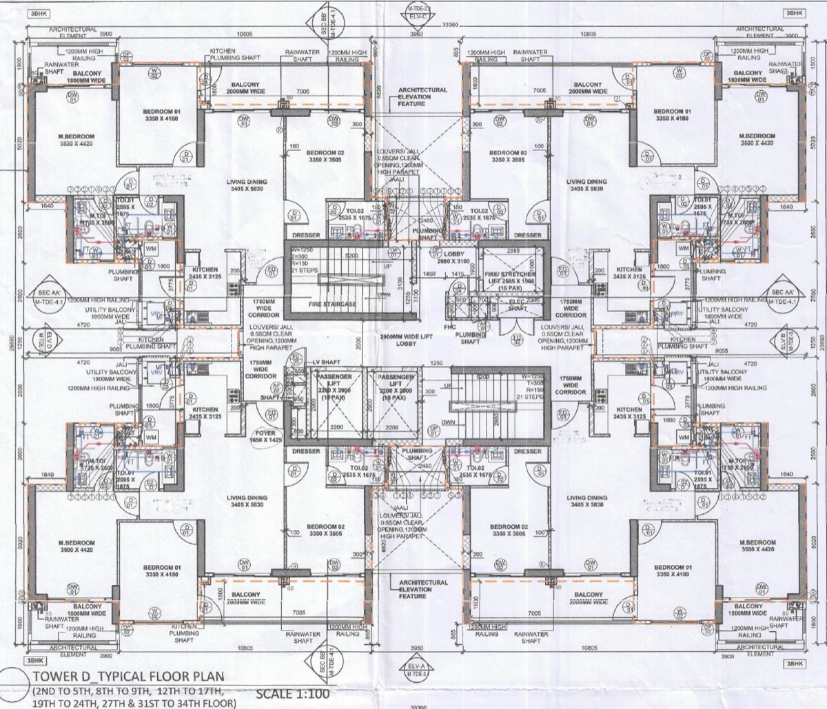 Birla Pravaah 3 BHK typical floor, 4 apartments per floor, Towers D & E
