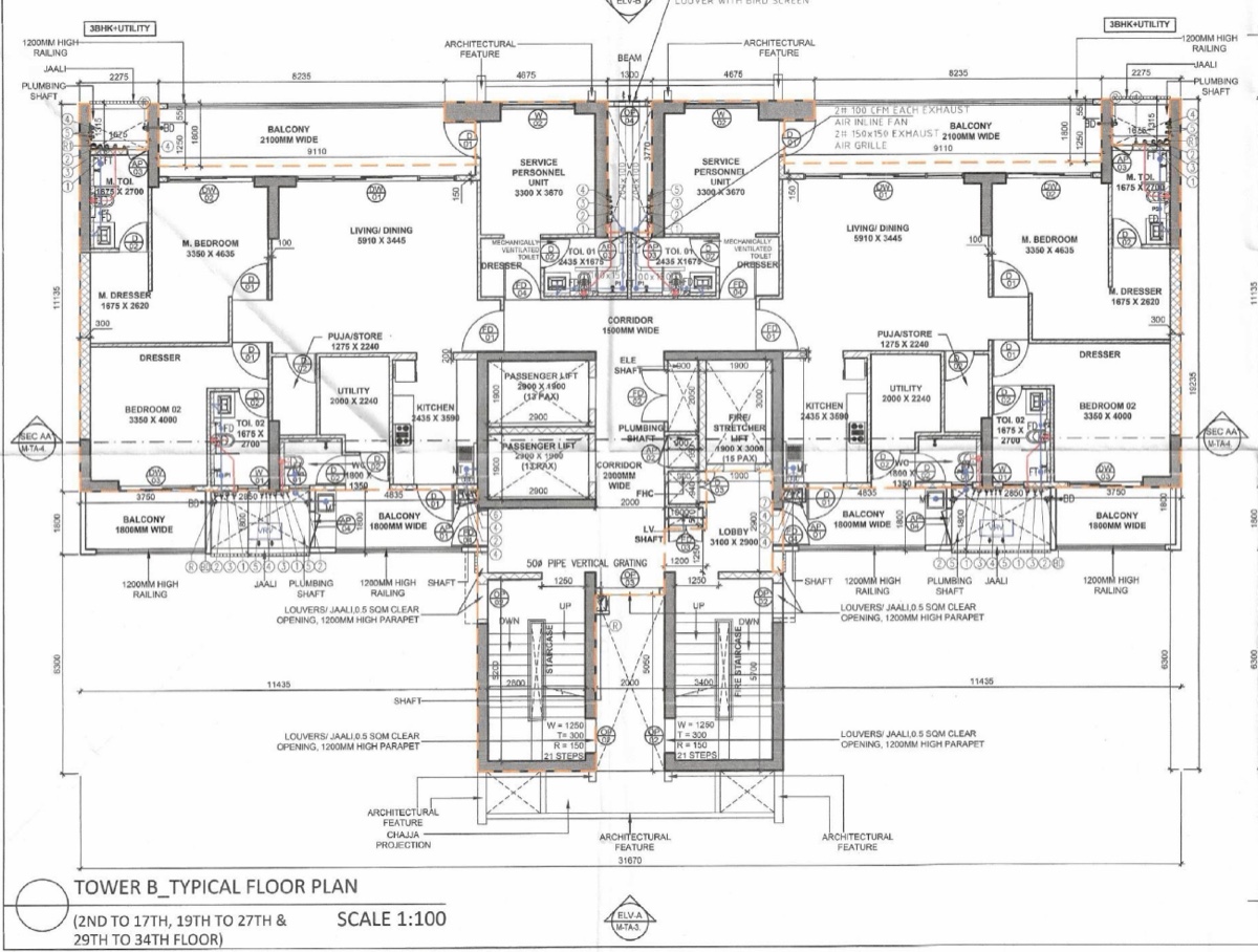 Birla Pravaah 3 BHK + utility typical floor, 2 apartments per floor, Tower B