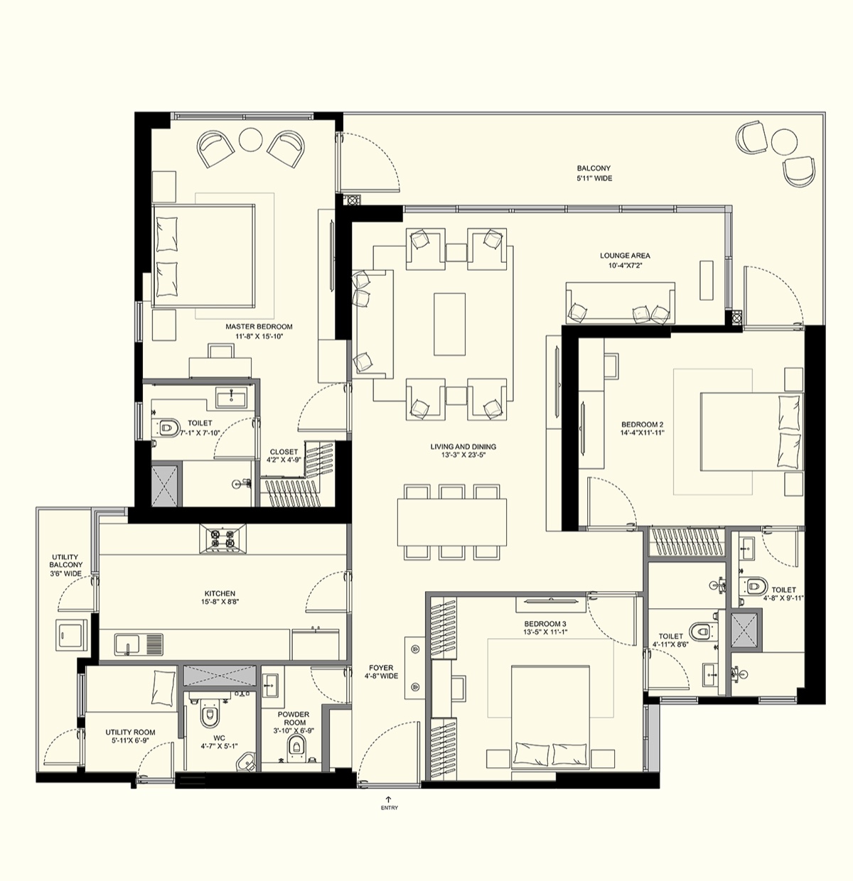 Elevate Reserve 3 BHK unit plan, Tower A (carpet 1,496 sq ft)