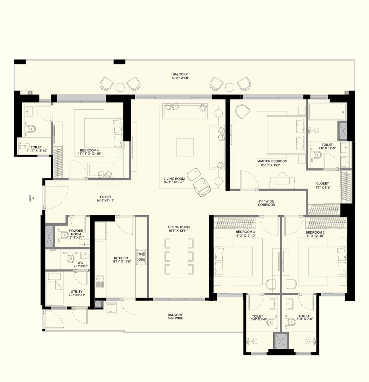 Elevate Reserve 4 BHK unit plan, Tower B (carpet 1,840 sq ft)