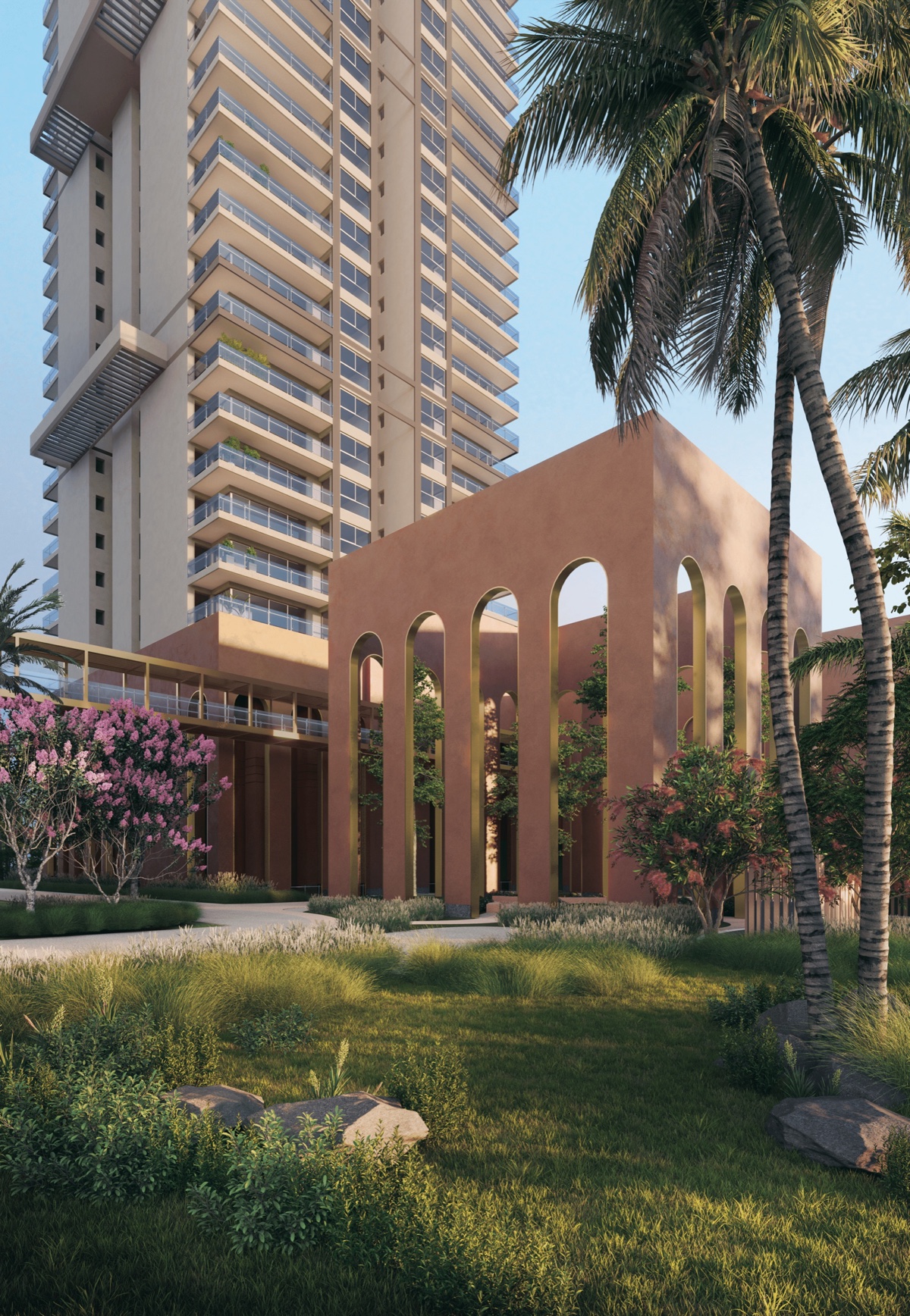 Landscaped court with arches