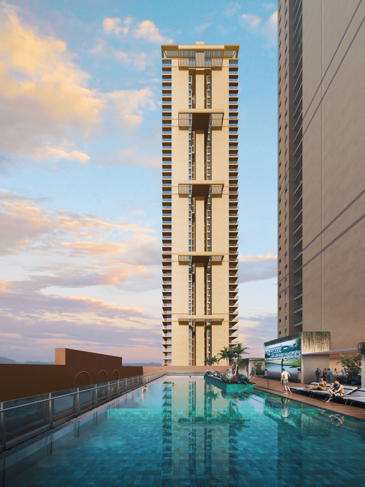 Rooftop pool with tower view