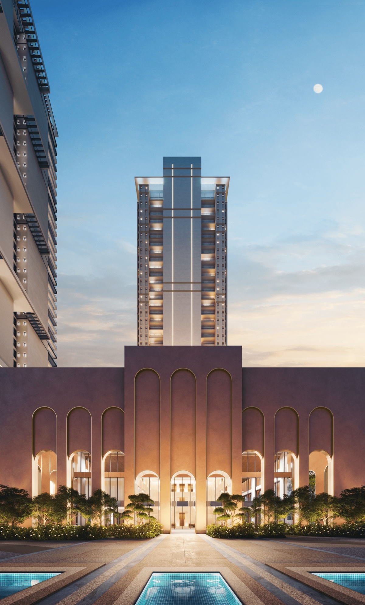 Tower and arched clubhouse at dusk
