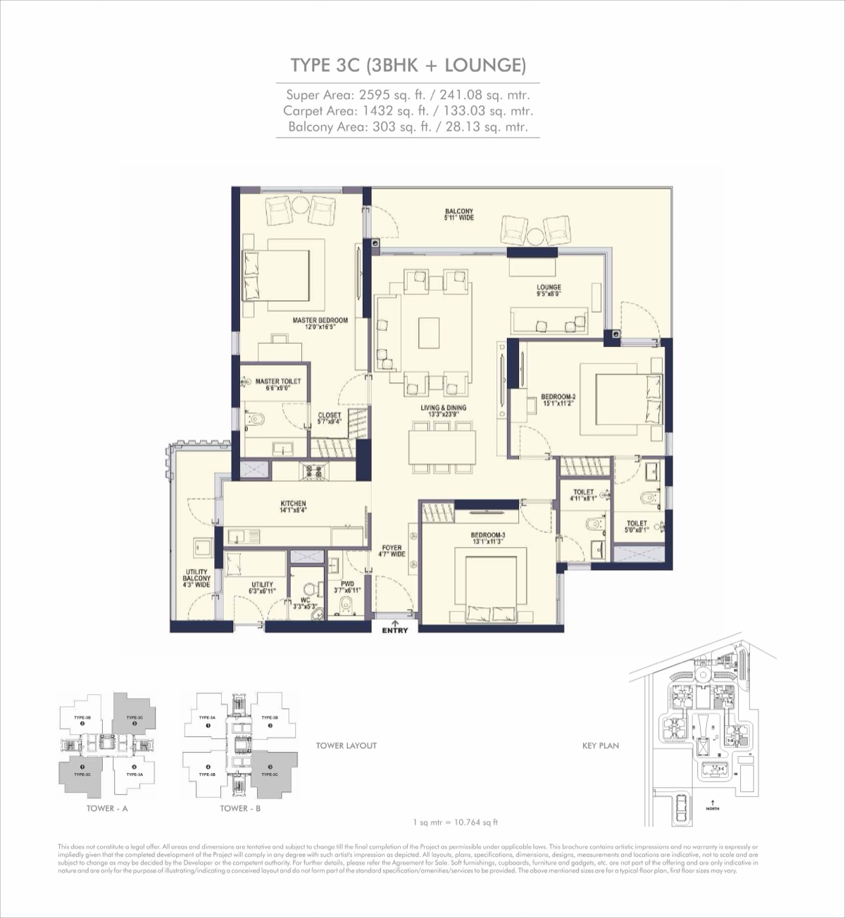 Elevate 3 BHK + lounge Type 3C, 1,432 sq ft carpet (2,595 sq ft super)