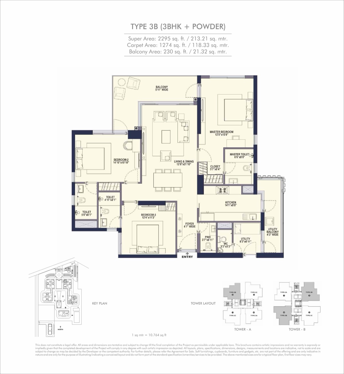 Elevate 3 BHK + powder Type 3B, 1,274 sq ft carpet (2,295 sq ft super)