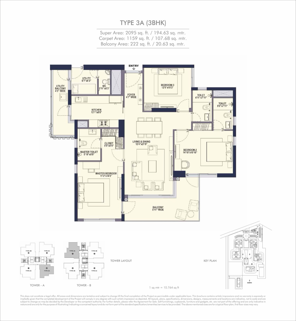 Elevate 3 BHK Type 3A, 1,159 sq ft carpet (2,095 sq ft super)