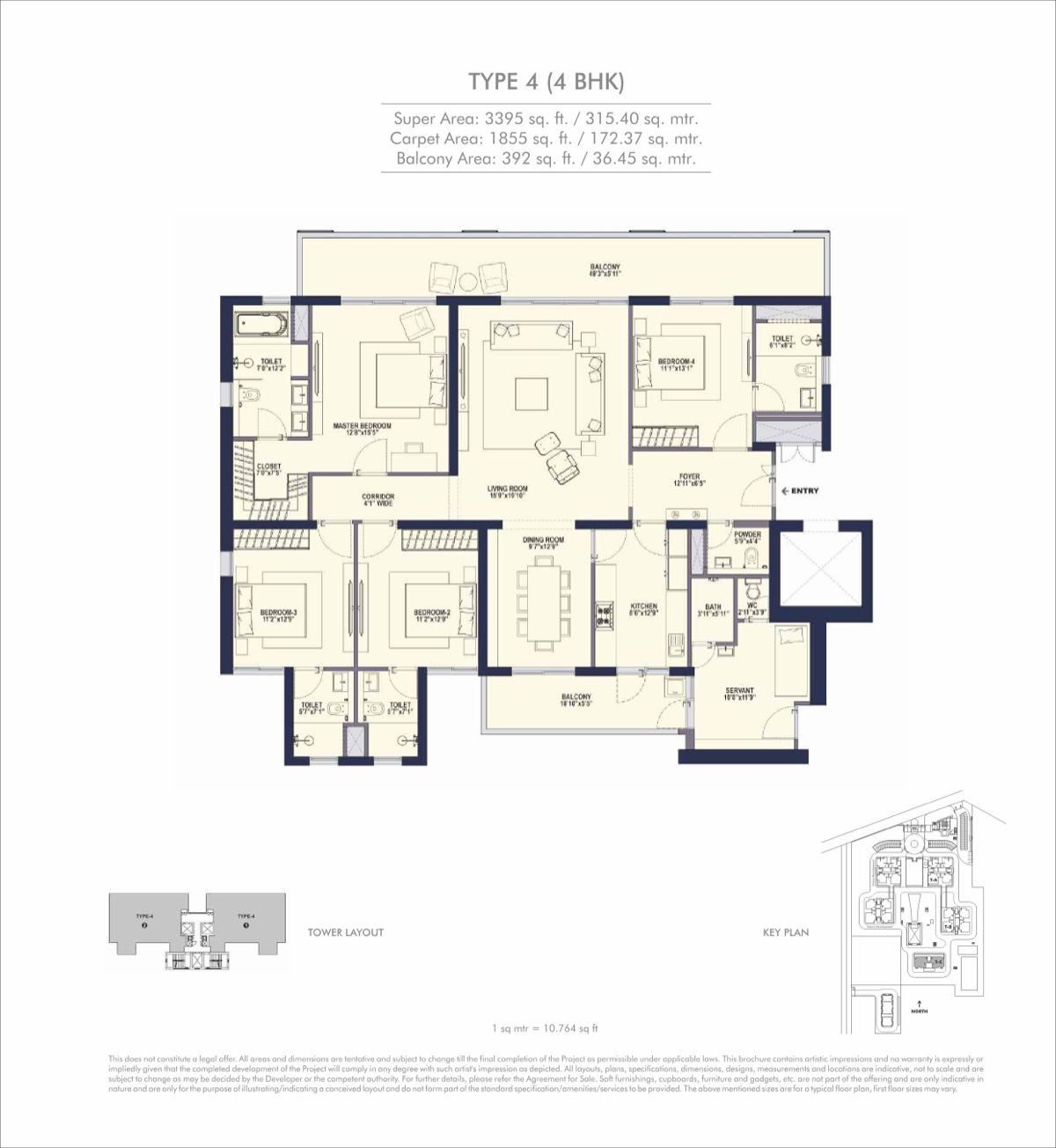 Elevate 4 BHK Type 4, 1,855 sq ft carpet (3,395 sq ft super), Tower C