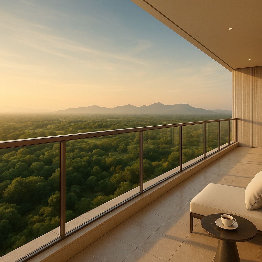 Balcony view towards the Aravallis (illustrative image, not the developer's design)