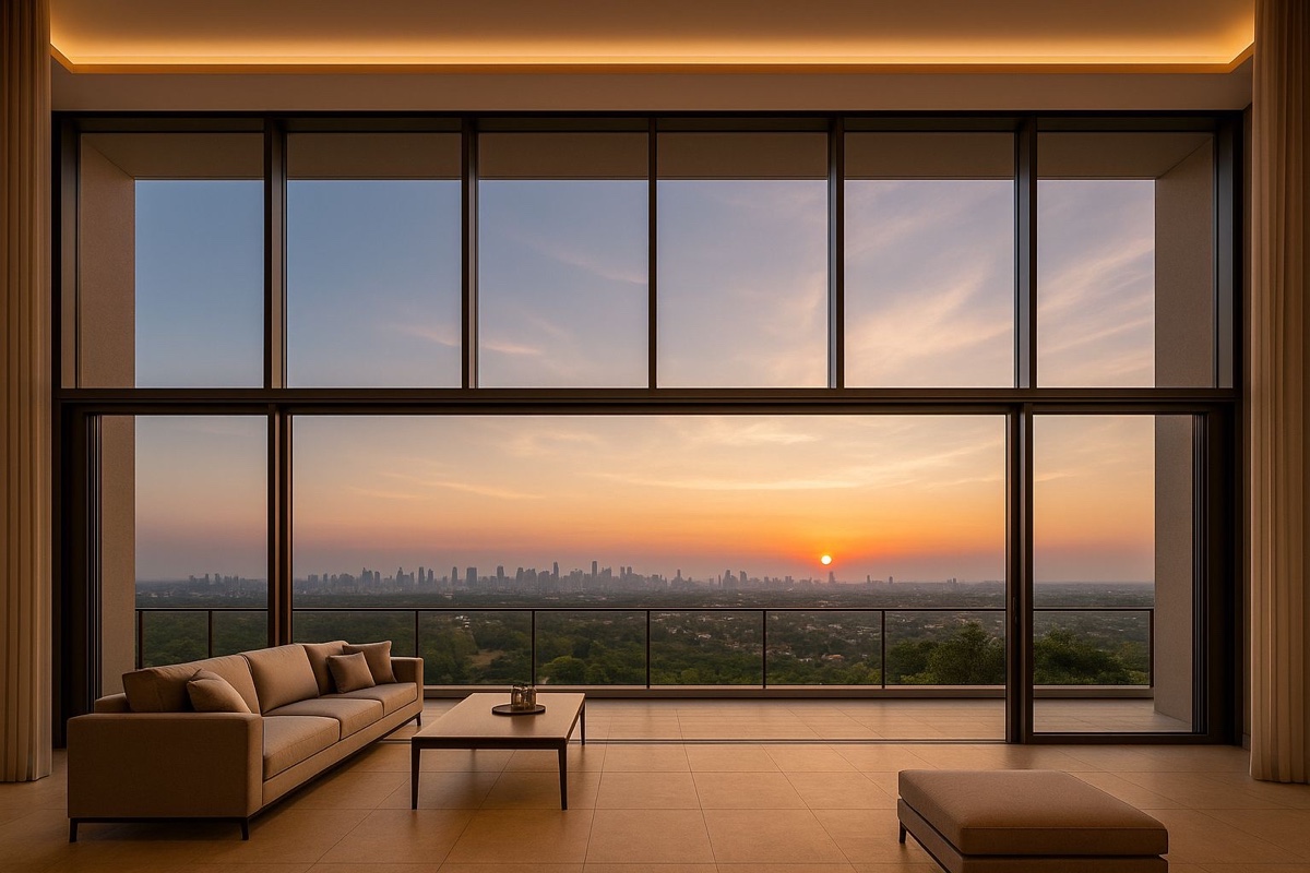 Living room at sunset (illustrative image, not the developer's design)
