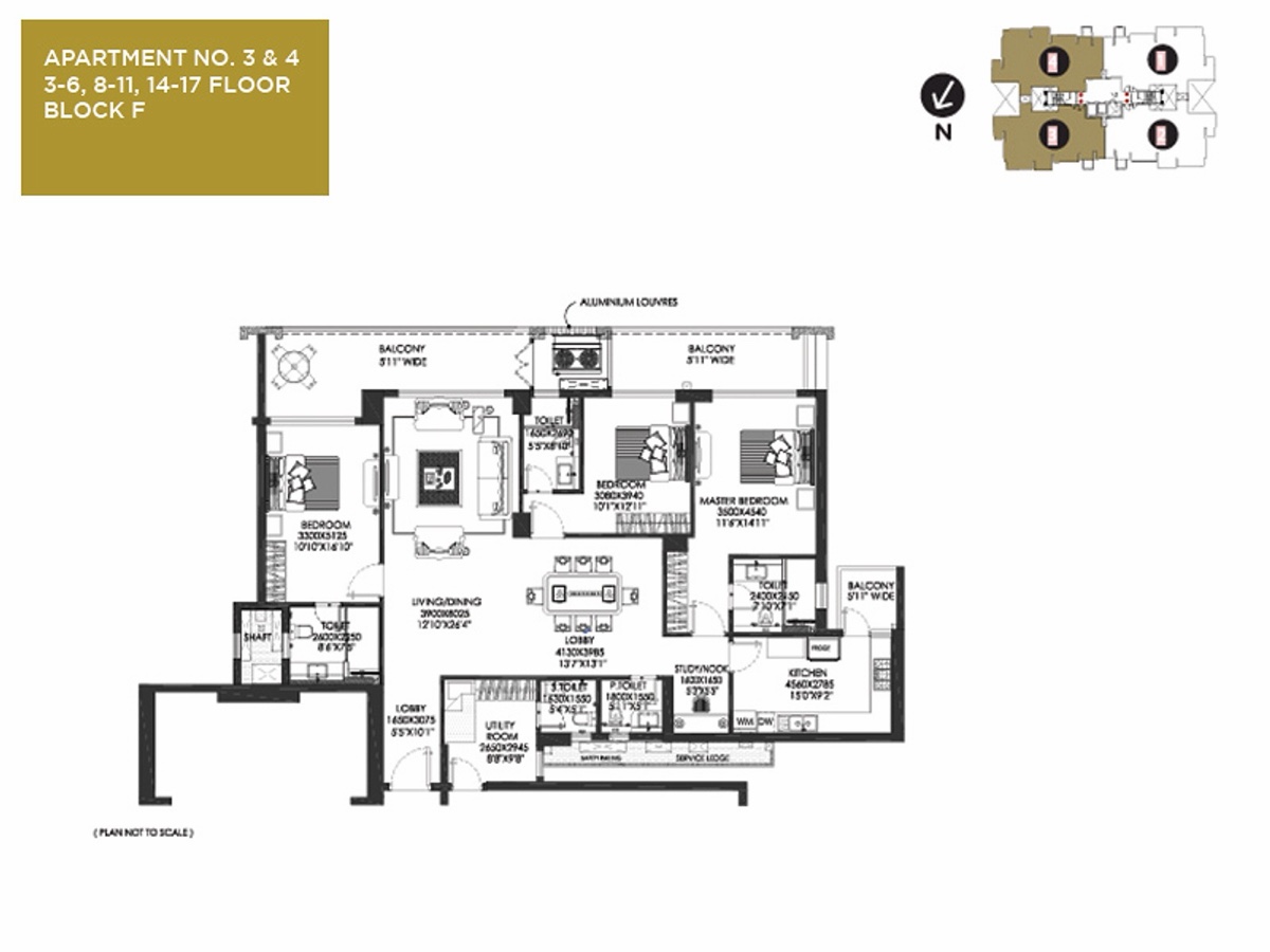 The Crest 3 BHK + study, apartments 3 & 4, floors 3-6, 8-11, 14-17