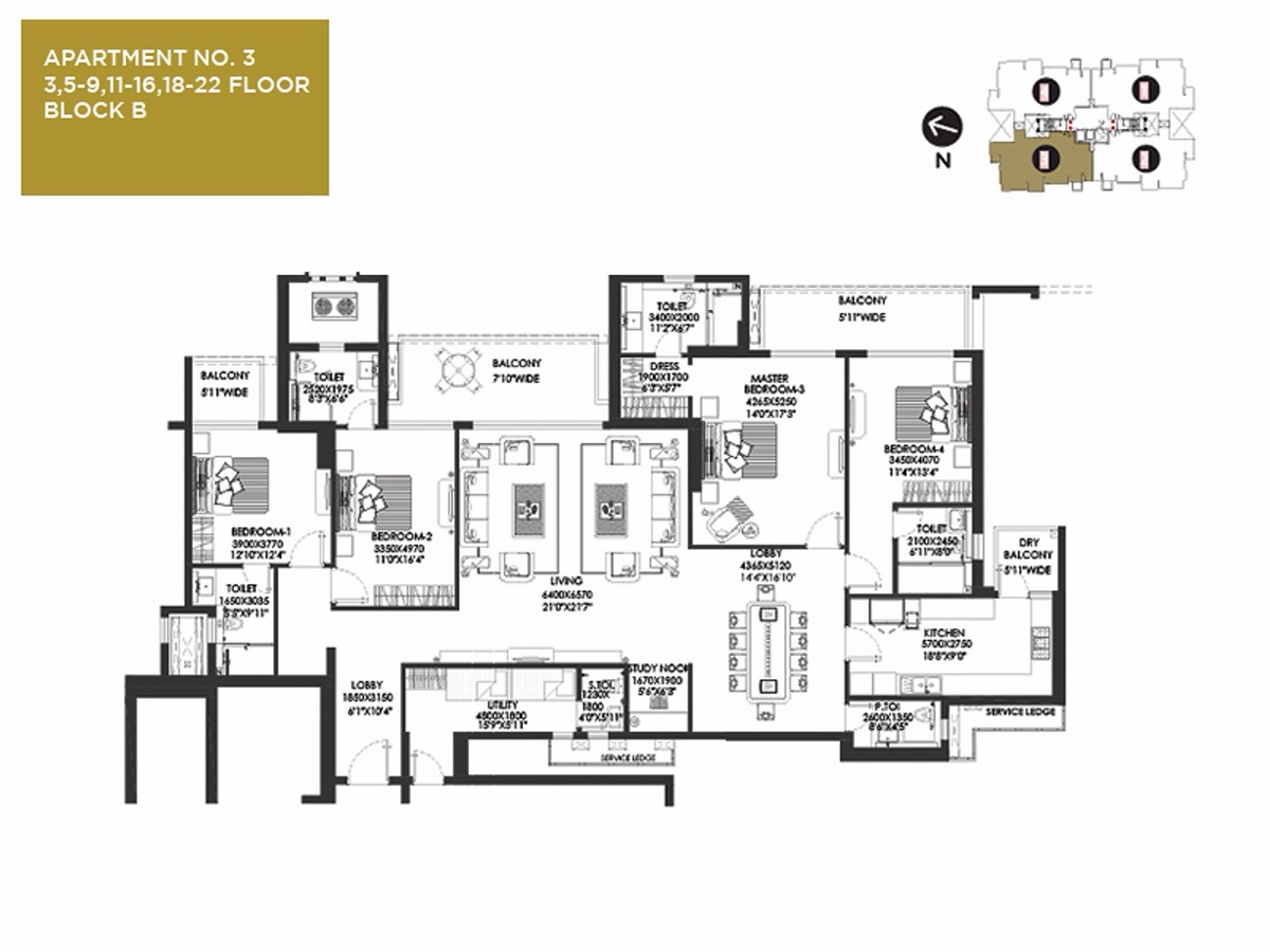 The Crest 4 BHK, apartment 3, typical floors, Block B