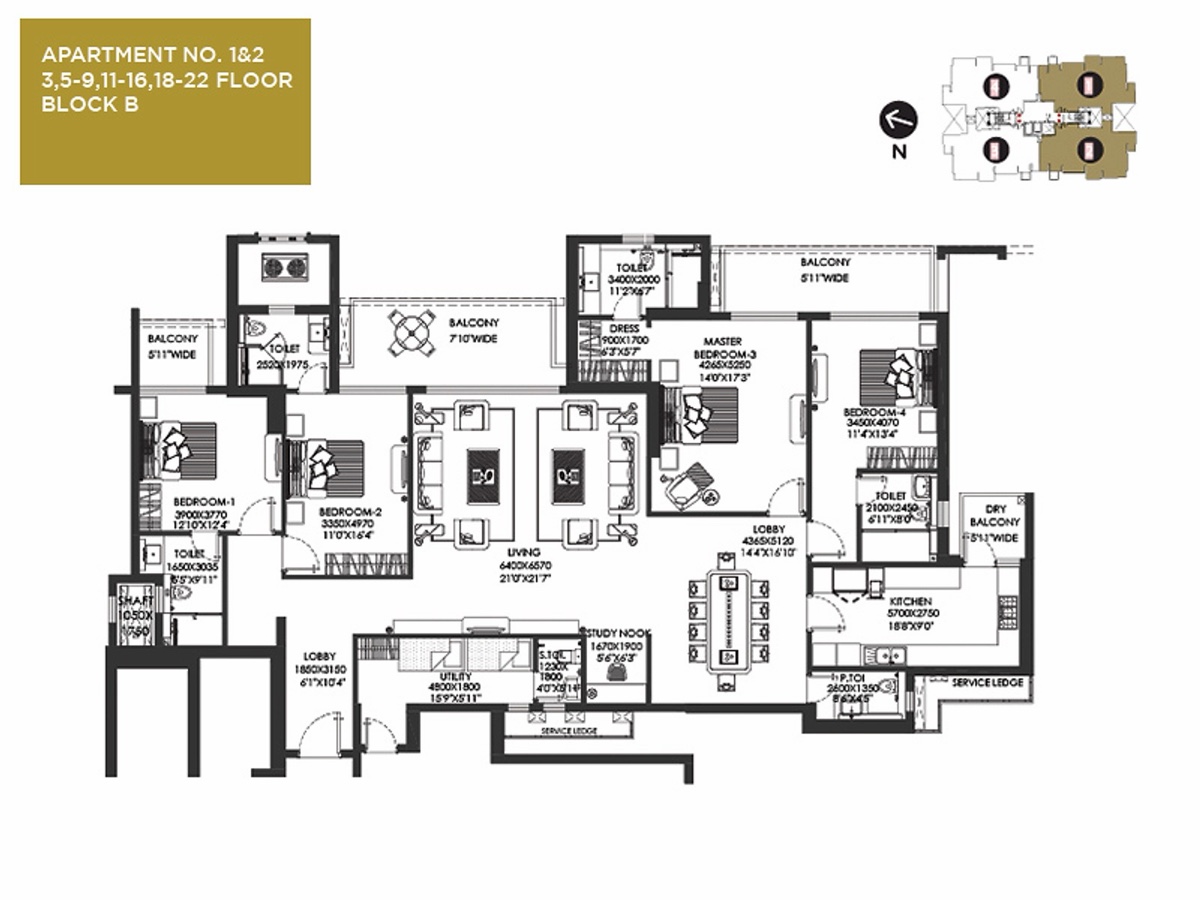 The Crest 4 BHK, apartments 1 & 2, typical floors, Block B