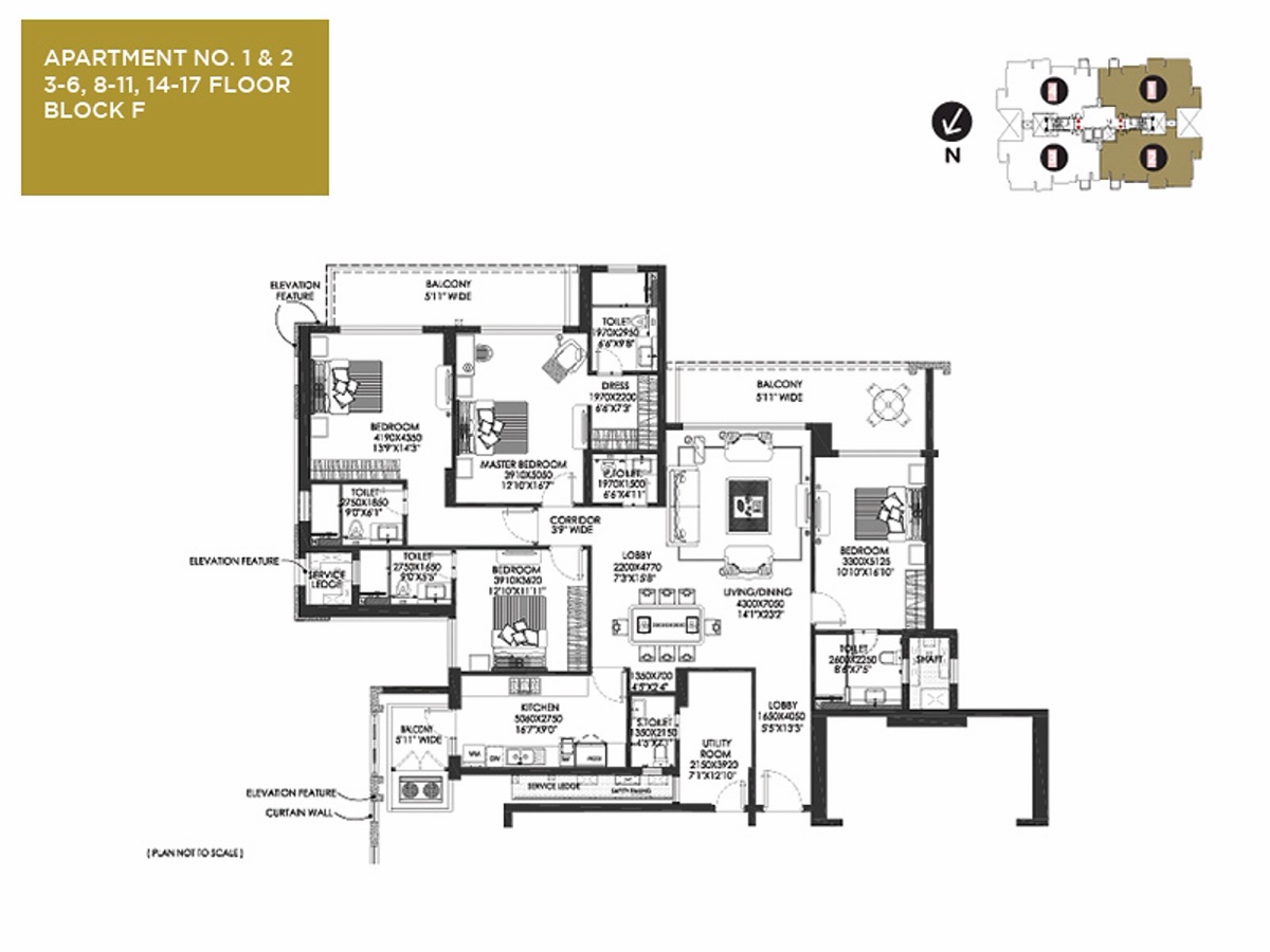 The Crest 4 BHK, apartments 1 & 2, floors 3-6, 8-11, 14-17, Block F