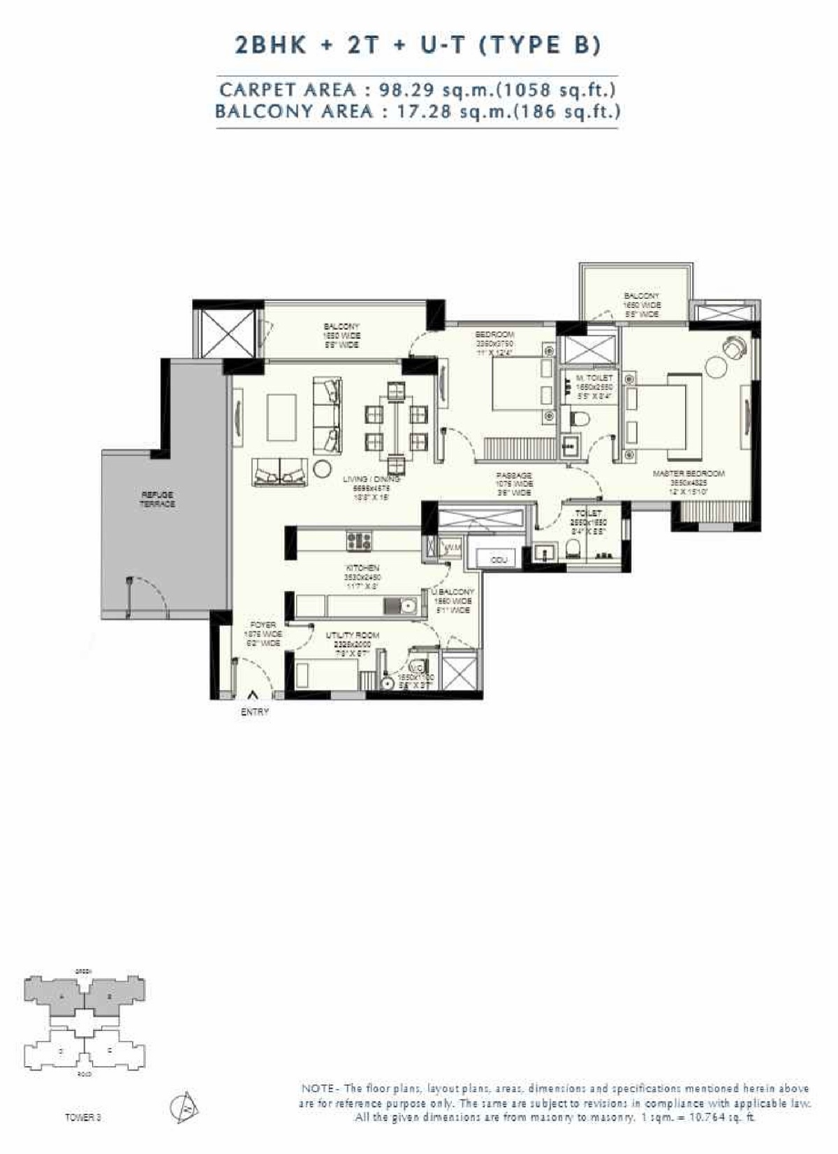 Amaris 2 BHK + 2T + utility, 1,058 sq ft carpet