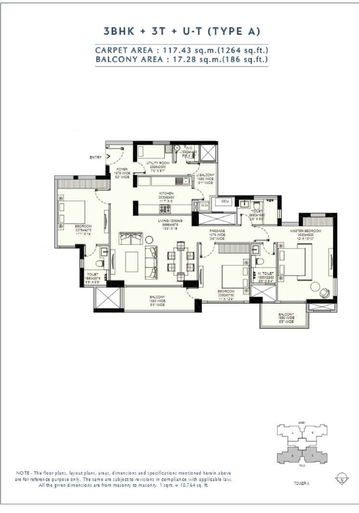 Amaris 3 BHK + 3T + utility, 1,264 sq ft carpet