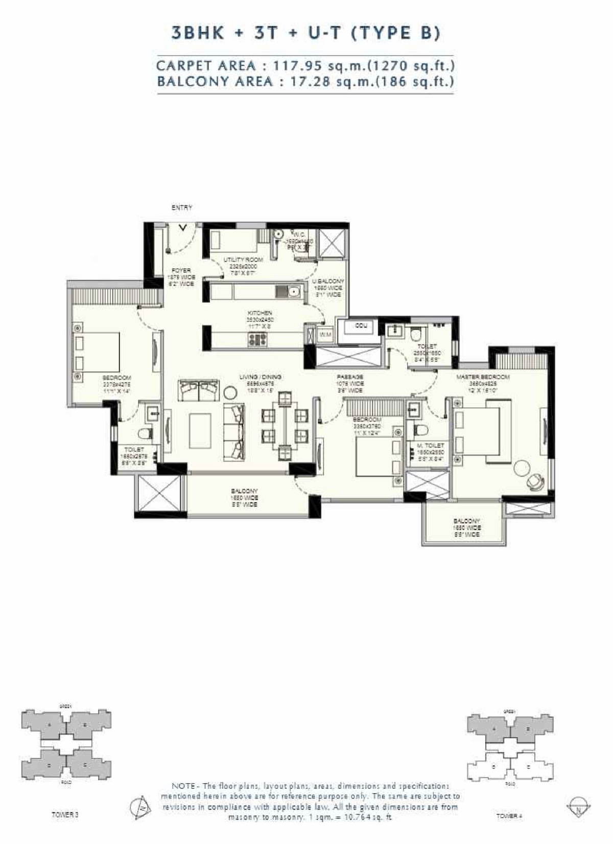 Amaris 3 BHK + 3T + utility, 1,270 sq ft carpet