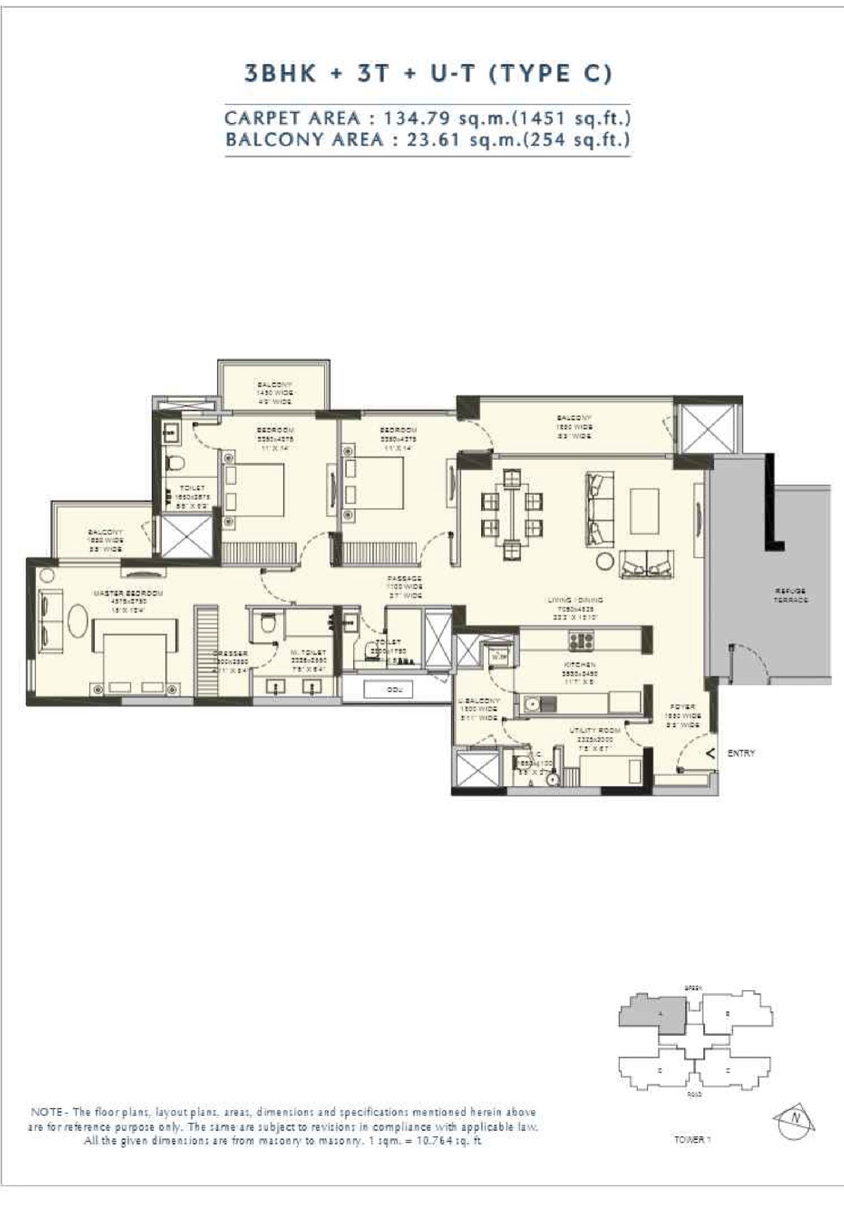 Amaris 3 BHK + 3T + utility, 1,451 sq ft carpet