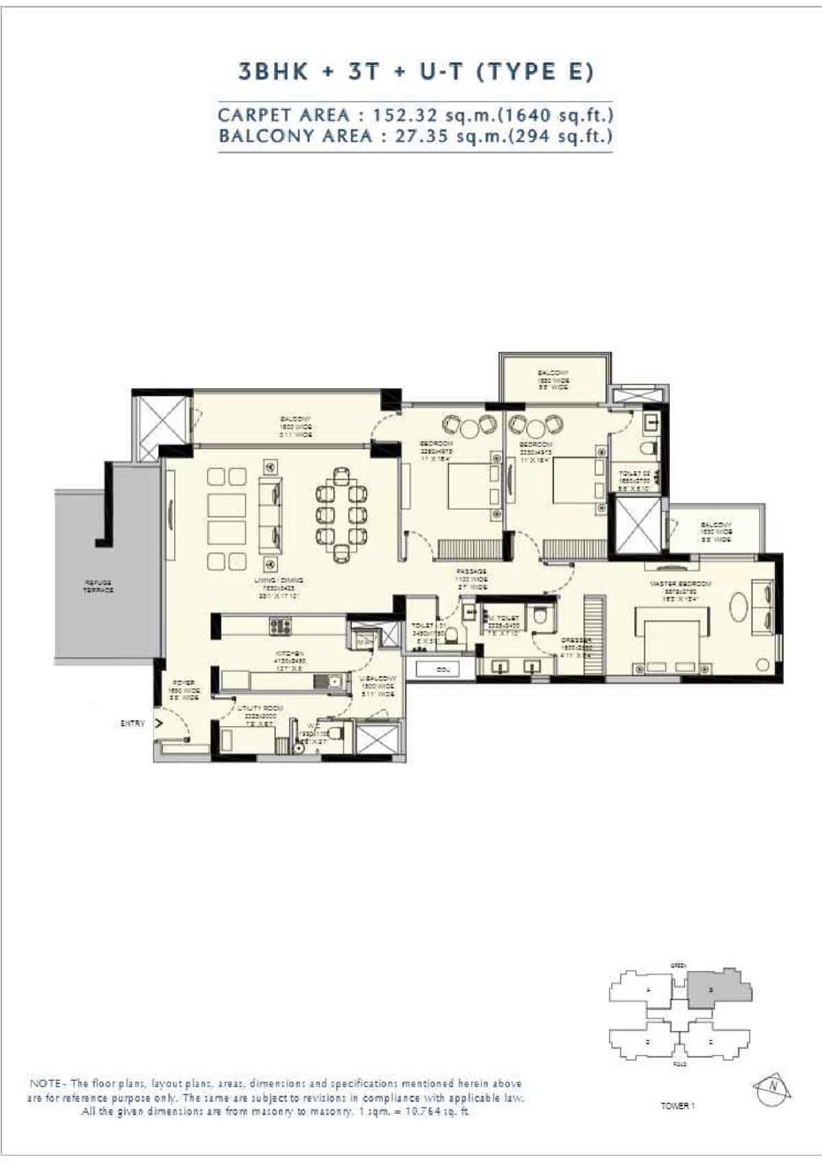 Amaris 3 BHK + 3T + utility, 1,640 sq ft carpet