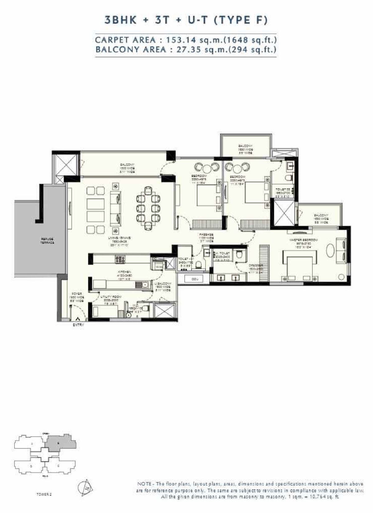Amaris 3 BHK + 3T + utility, 1,648 sq ft carpet