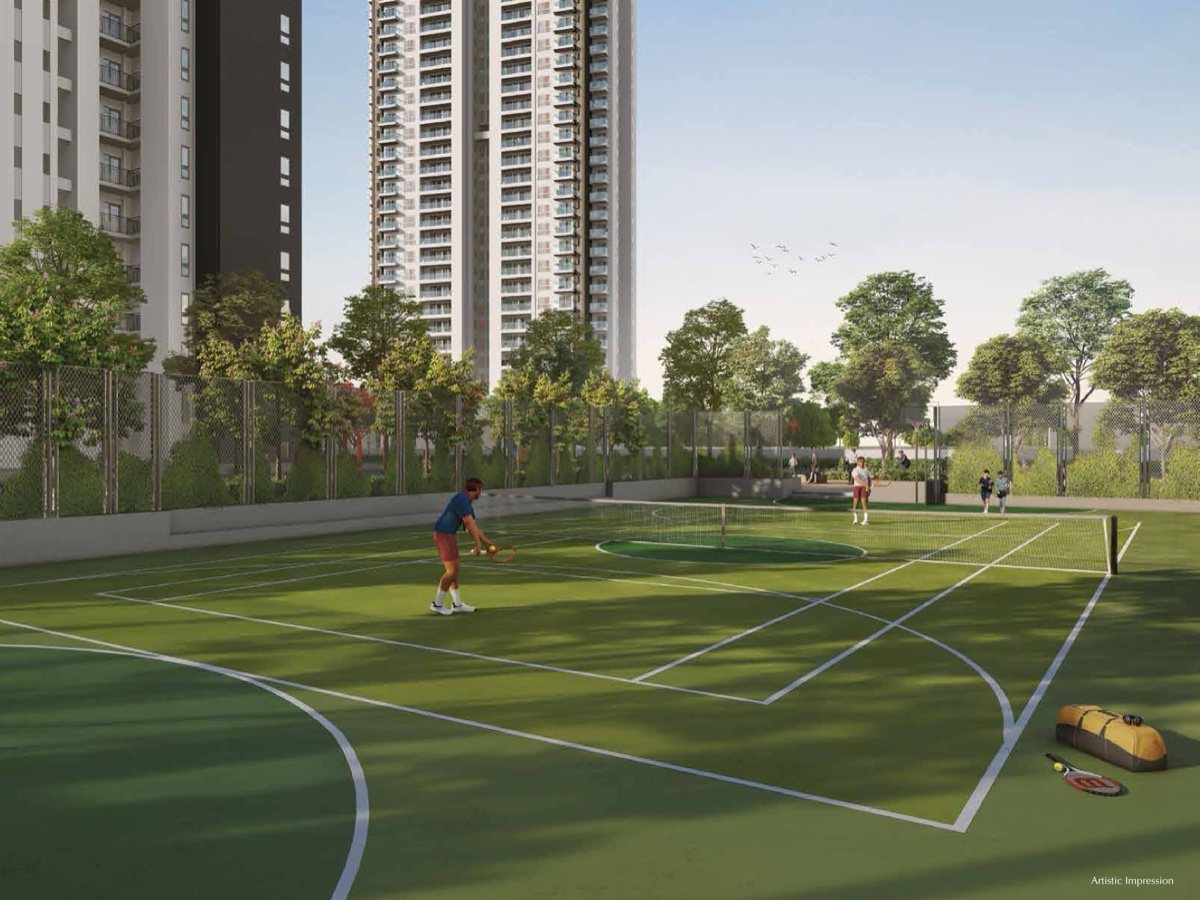 Sports lawn with tennis court and towers, render