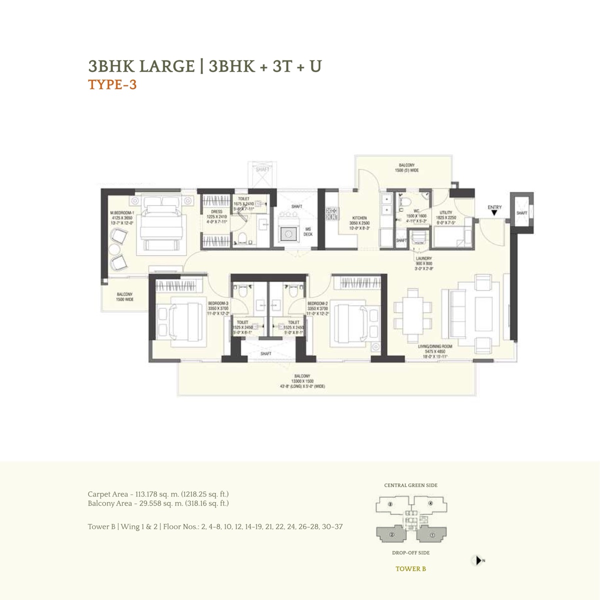 Emaar Serenity Hills 3 BHK Large Type 3, 1,218 sq ft carpet