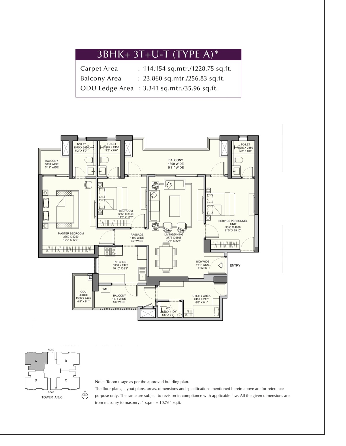Urban Ascent 3 BHK + 3T + U-T Type A, 1,229 sq ft carpet