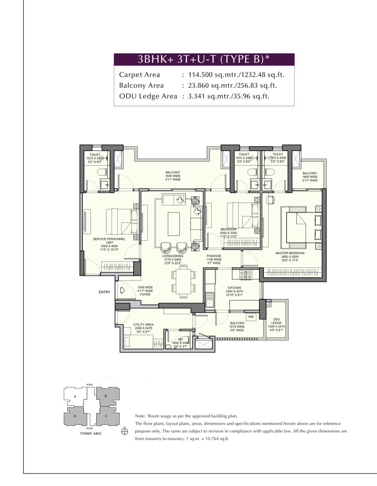 Urban Ascent 3 BHK + 3T + U-T Type B, 1,232 sq ft carpet