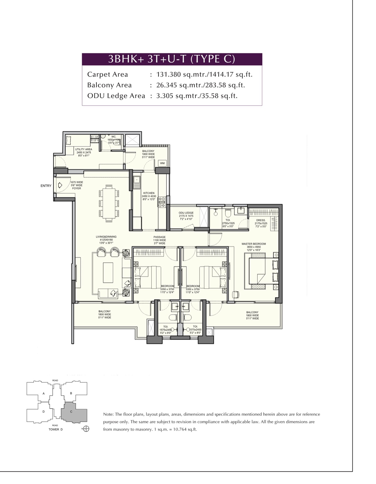 Urban Ascent 3 BHK + 3T + U-T Type C, 1,414 sq ft carpet
