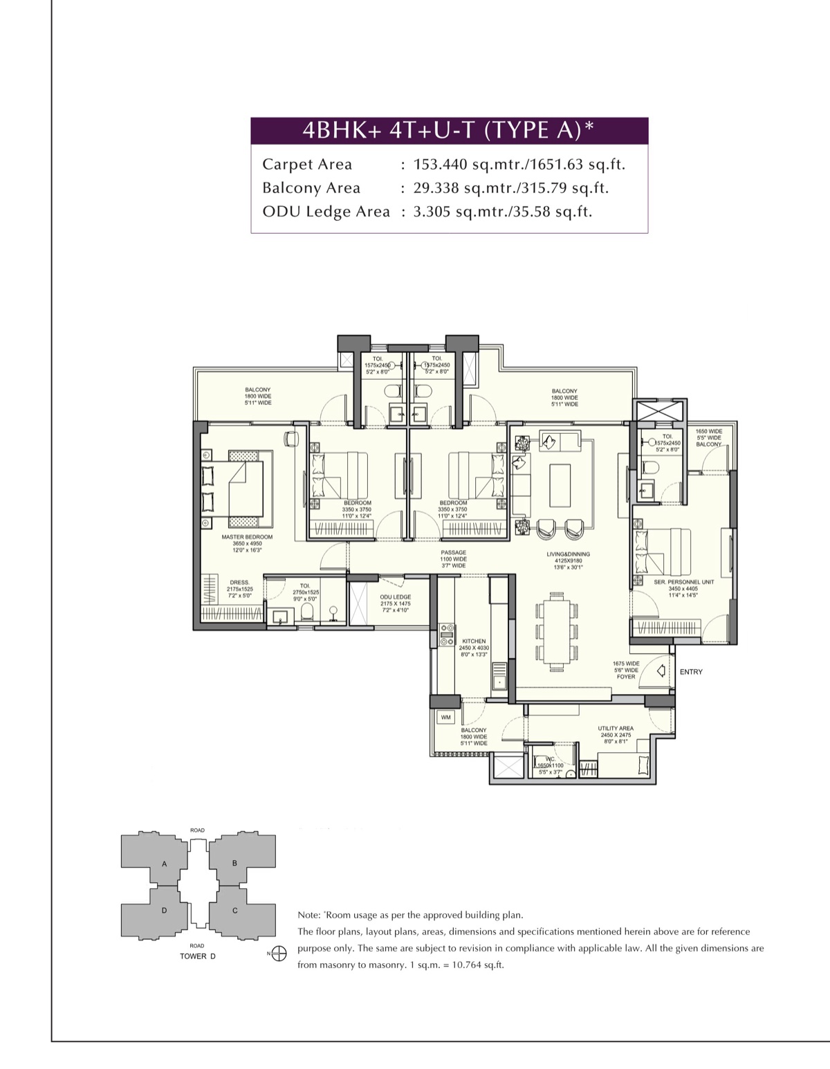 Urban Ascent 4 BHK + 4T + U-T Type A, 1,652 sq ft carpet