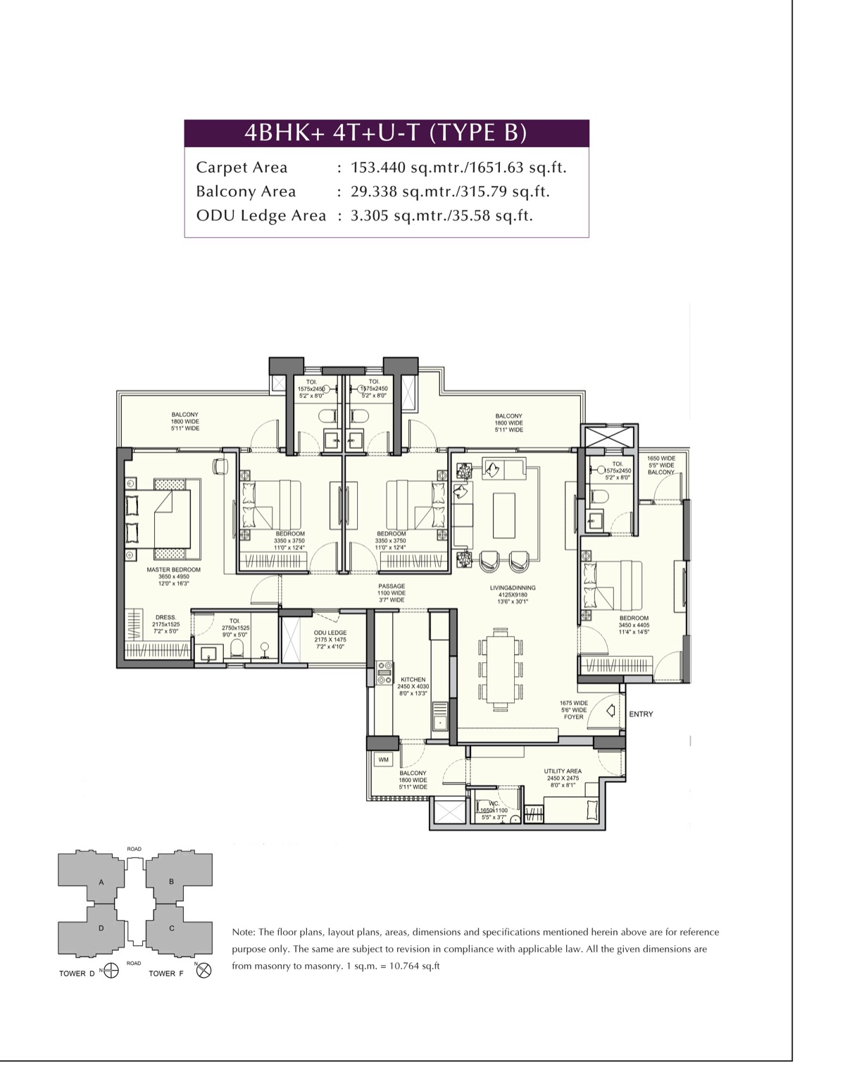 Urban Ascent 4 BHK + 4T + U-T Type B, 1,652 sq ft carpet