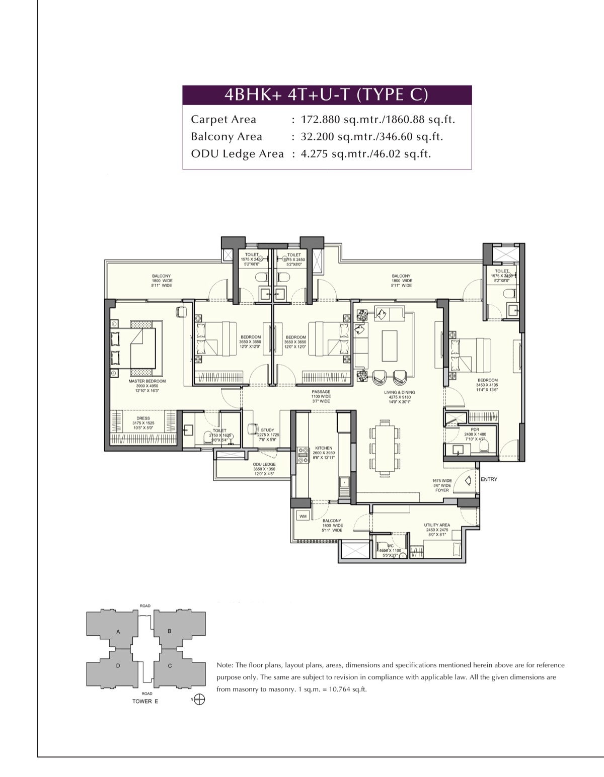 Urban Ascent 4 BHK + 4T + U-T Type C, 1,861 sq ft carpet
