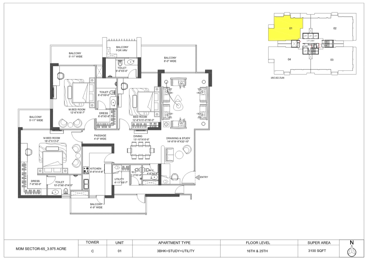 M3M Altitude 3 BHK + study + utility, 3,100 sq ft super area