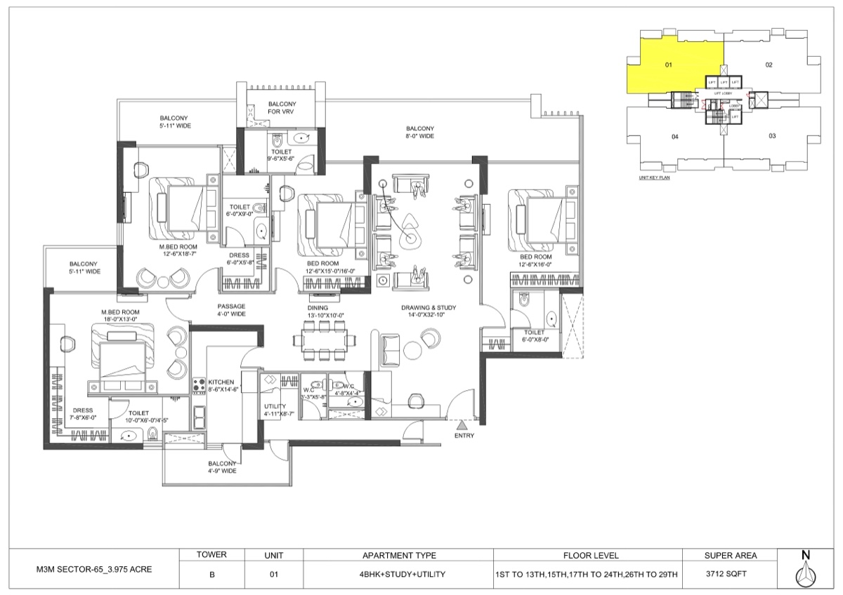 M3M Altitude 4 BHK + study + utility, 3,712 sq ft super area