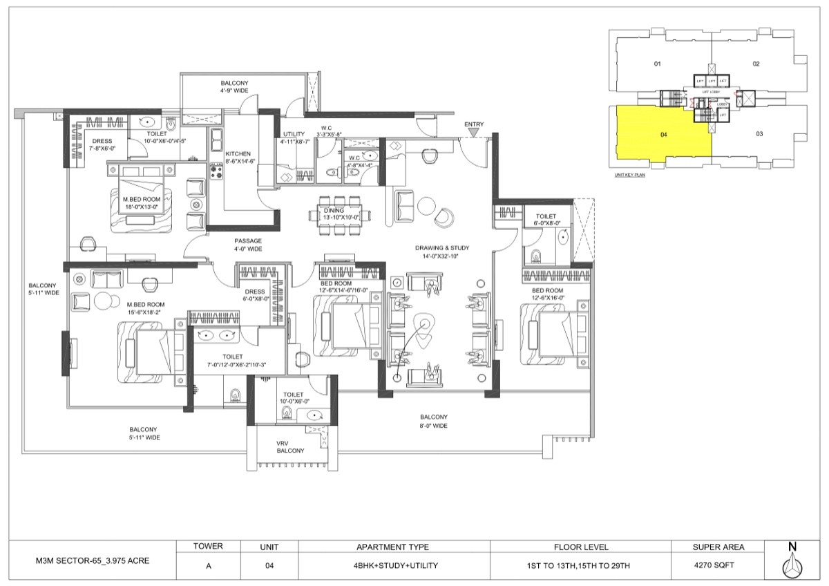 M3M Altitude 4 BHK + study + utility, 4,270 sq ft super area