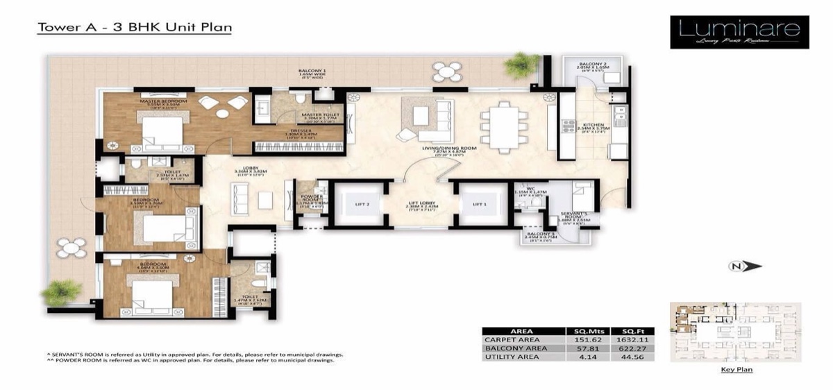 Mahindra Luminare 3 BHK + servant room, Tower A, 1,632 sq ft carpet
