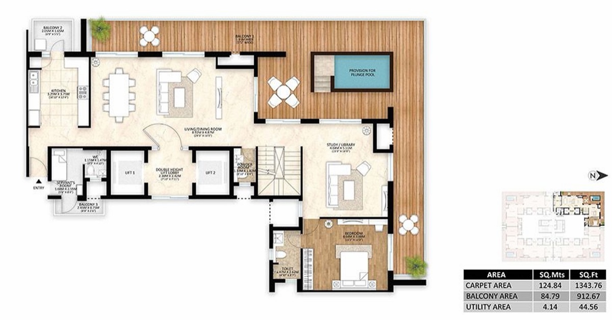 Mahindra Luminare 4 BHK penthouse, Tower A, lower level (1,344 sq ft carpet)