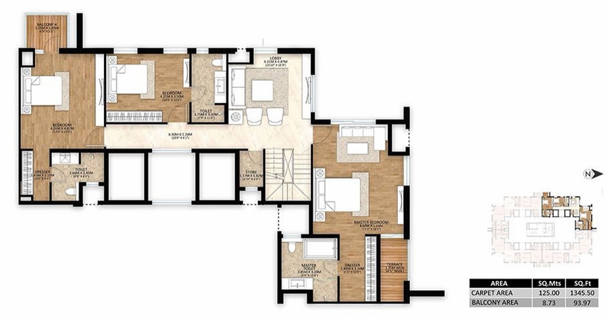 Mahindra Luminare 4 BHK penthouse, Tower A, upper level (1,346 sq ft carpet)