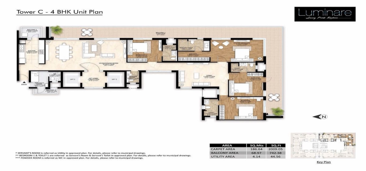 Mahindra Luminare 4 BHK + servant room, Tower C, 2,009 sq ft carpet