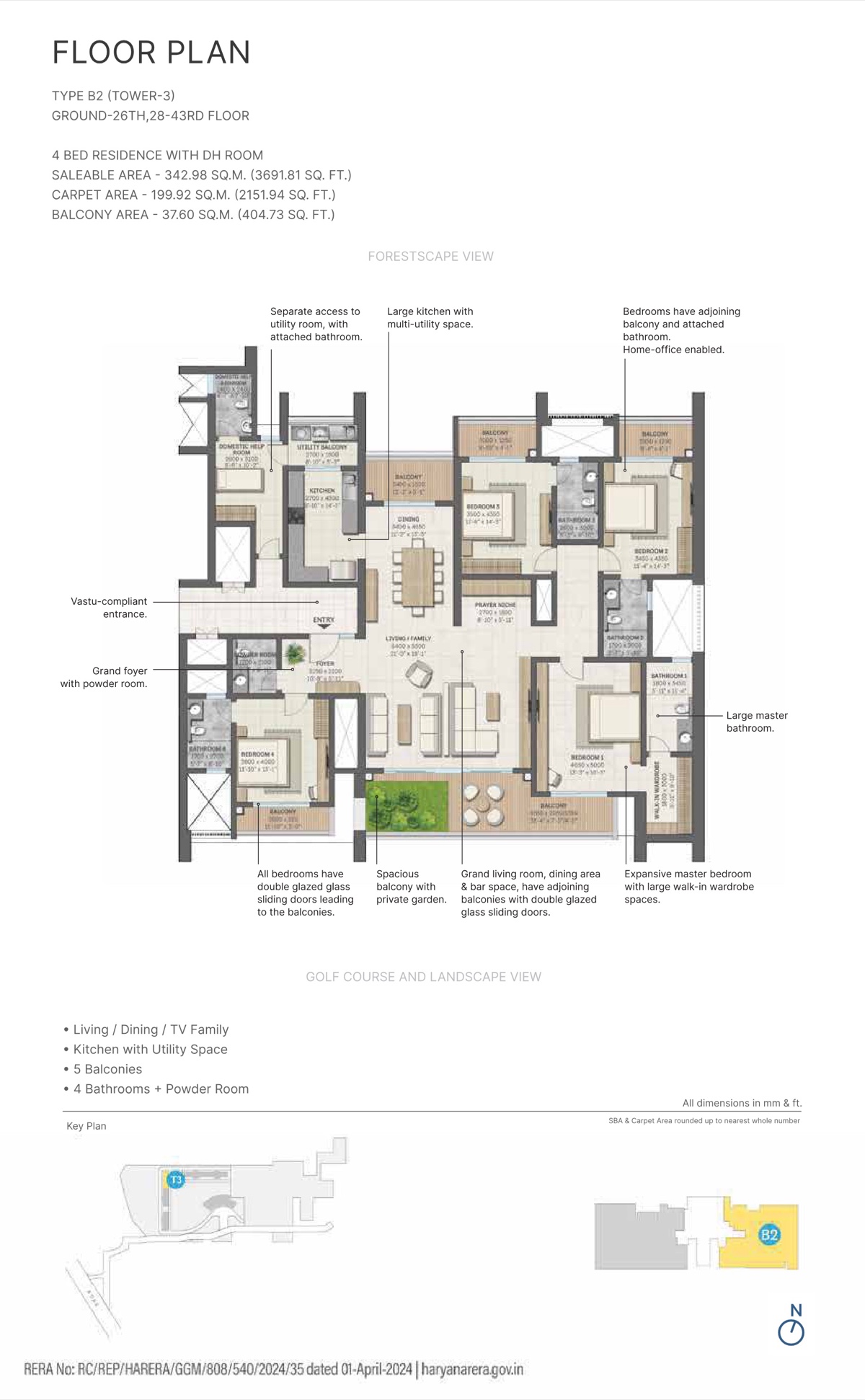 Aranya by SOBHA (at Karma Lakelands) 4 BHK + DH room Type B2