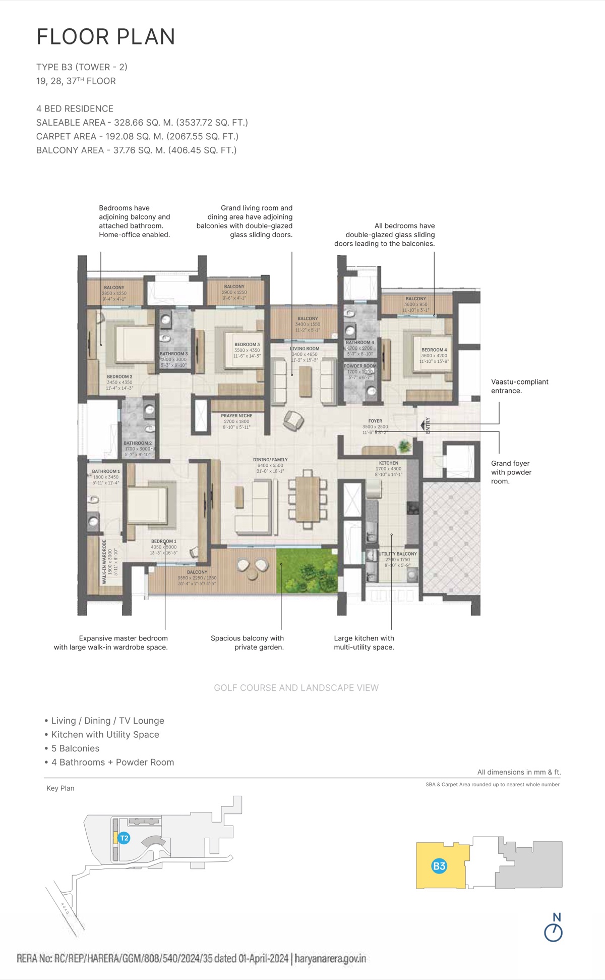 Aranya by SOBHA (at Karma Lakelands) 4 BHK Type B3, 2,068 sq ft carpet / 3,538 sq ft saleable