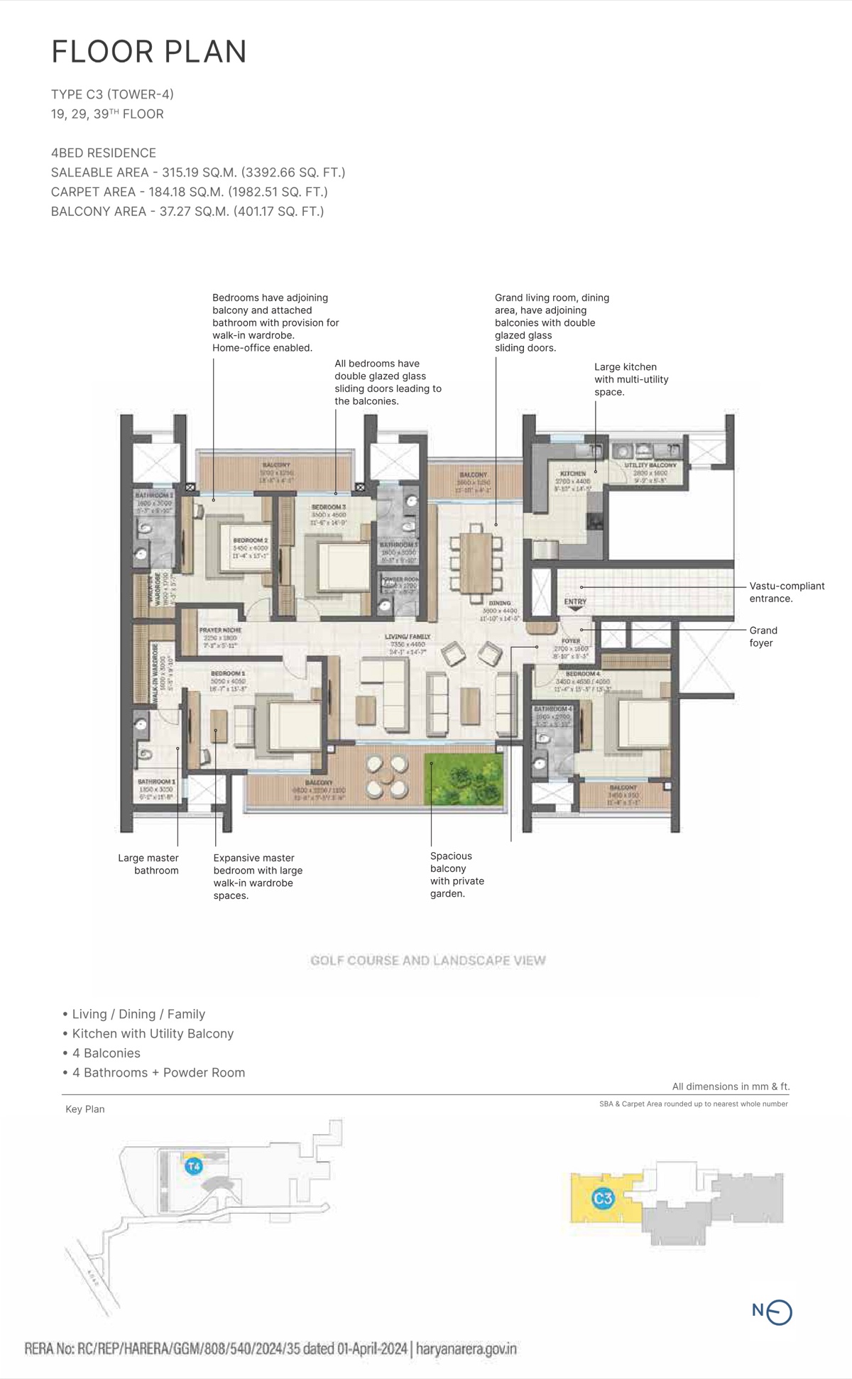 Aranya by SOBHA (at Karma Lakelands) 4 BHK Type C3, 1,983 sq ft carpet / 3,393 sq ft saleable