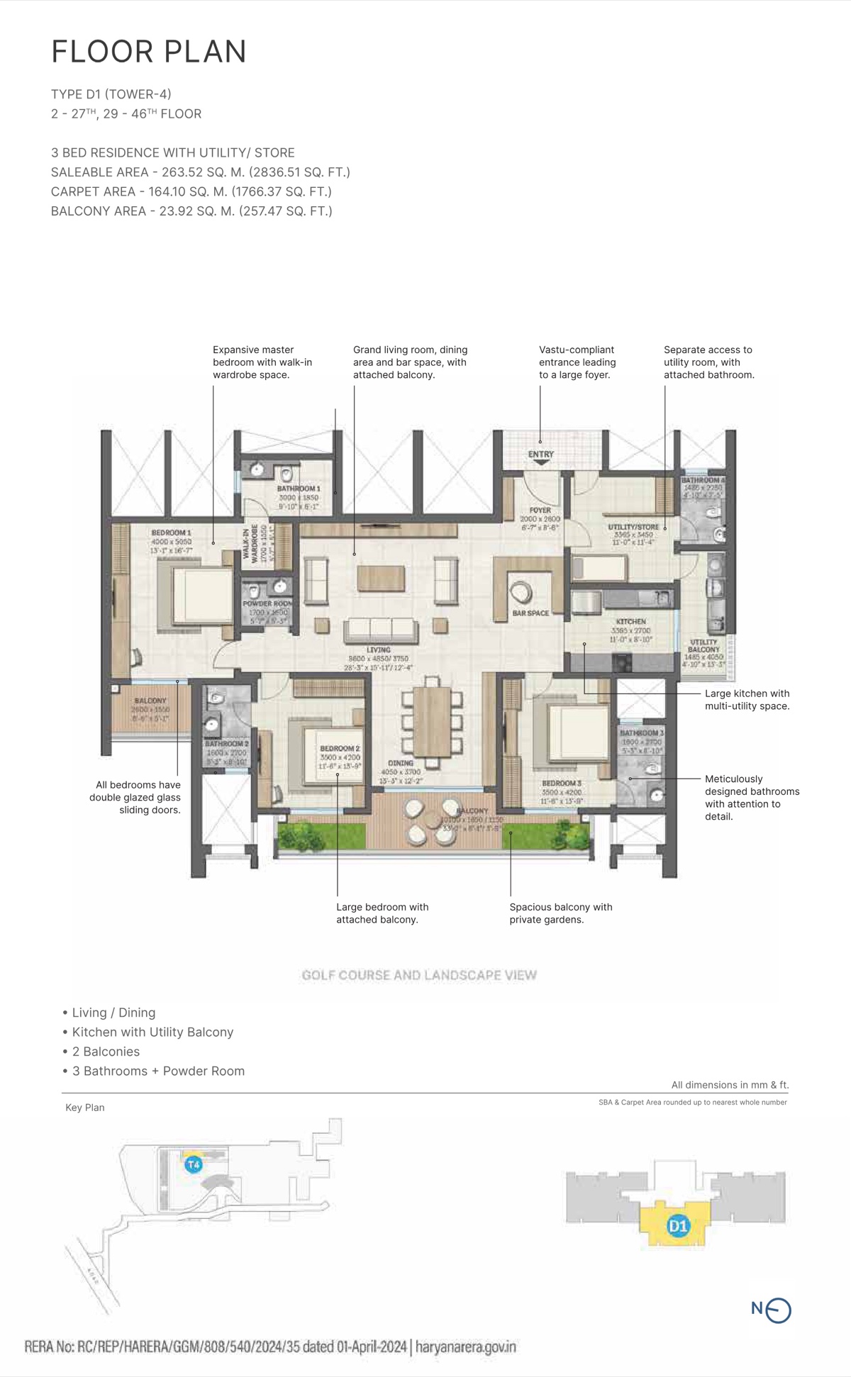 Aranya by SOBHA (at Karma Lakelands) 3 BHK + utility/store Type D1