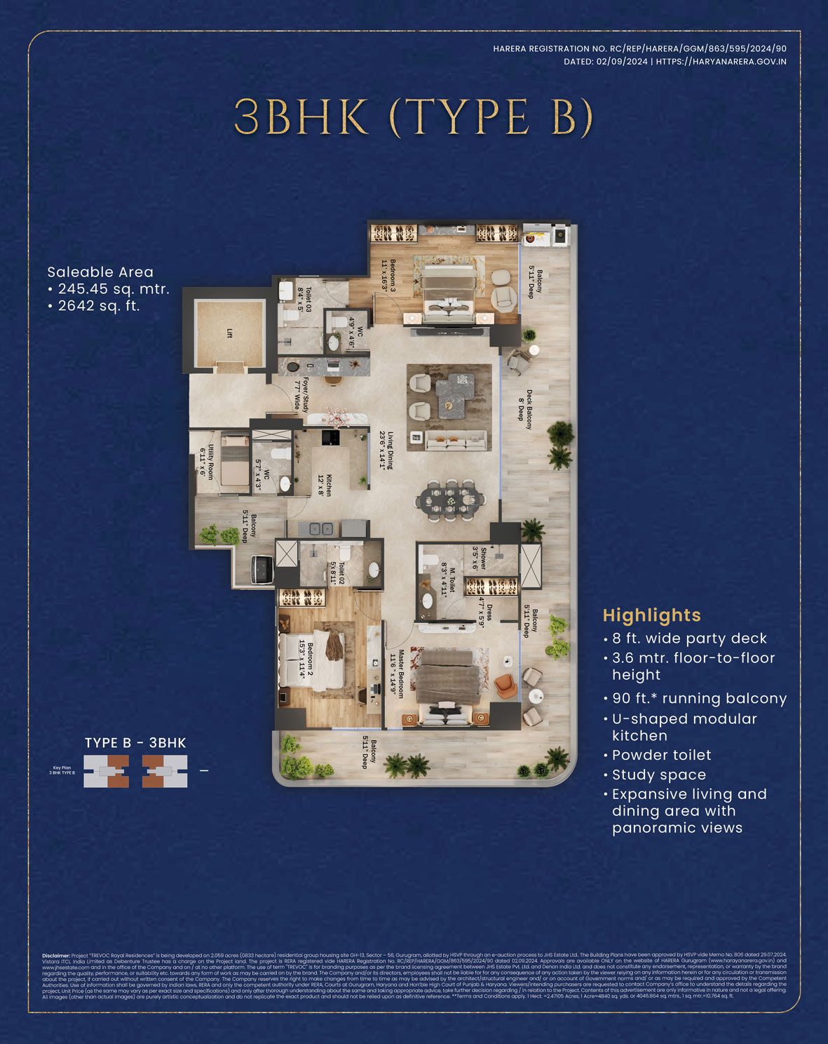 TREVOC Royal Residences 3 BHK Type B unit plan, 2,642 sq ft saleable