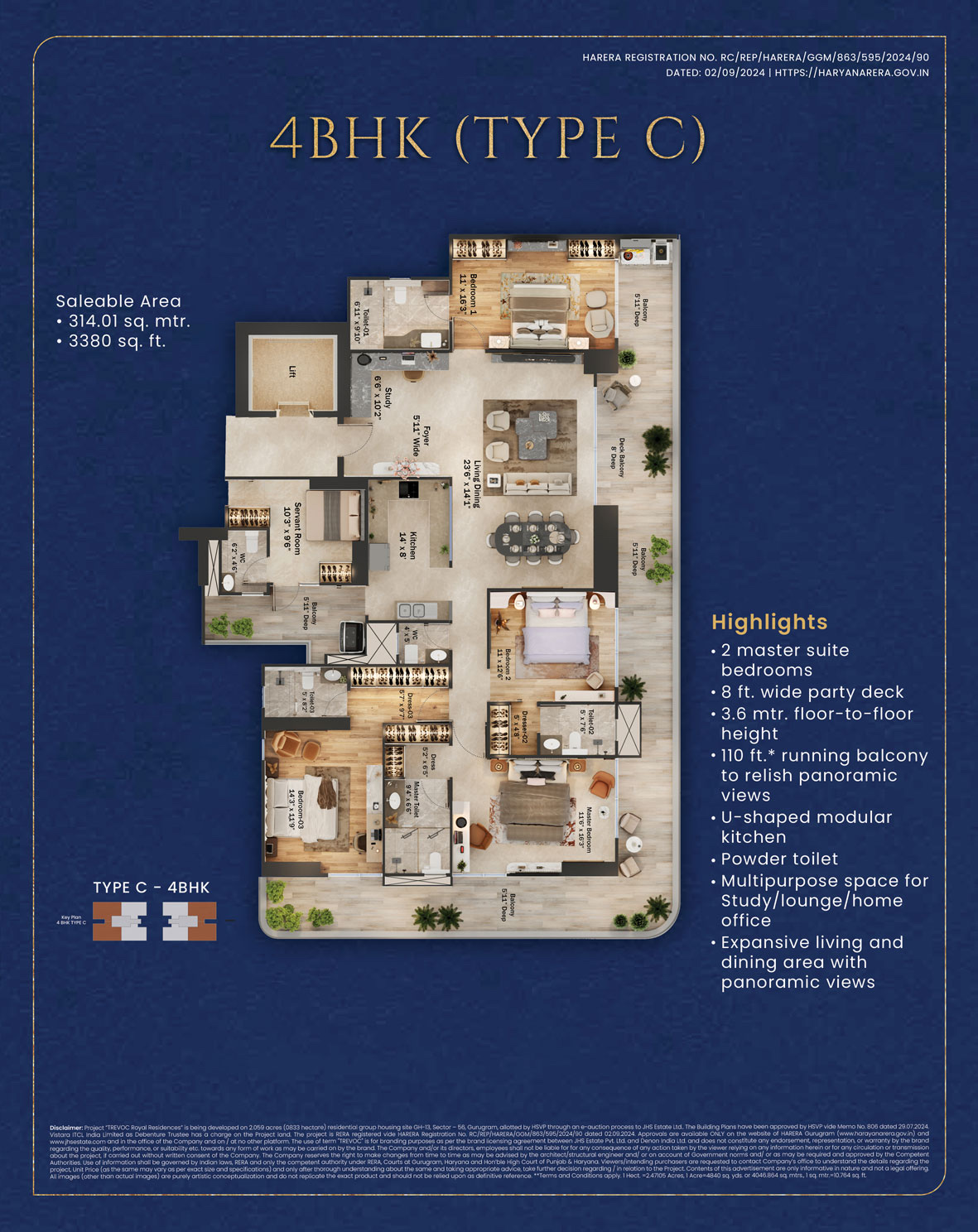 TREVOC Royal Residences 4 BHK Type C unit plan, 3,380 sq ft saleable